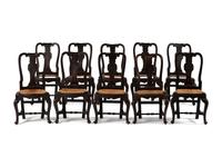 A Set of Ten Queen Anne Black-Painted Dining Chairs