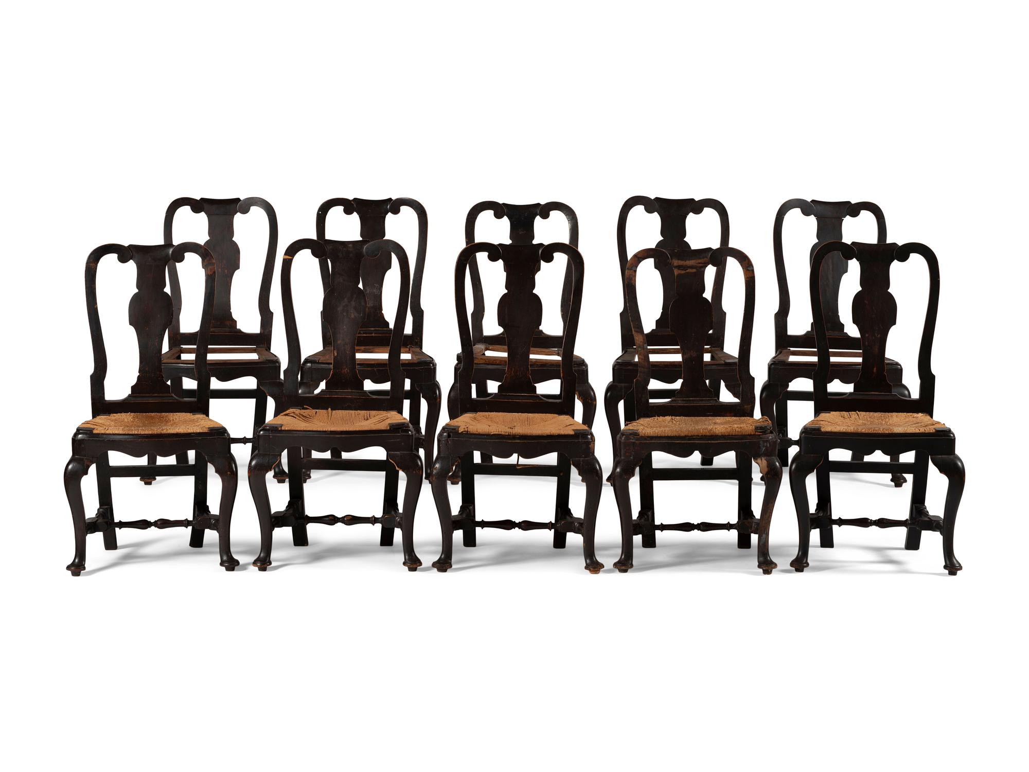 A Set of Ten Queen Anne Black-Painted Dining Chairs