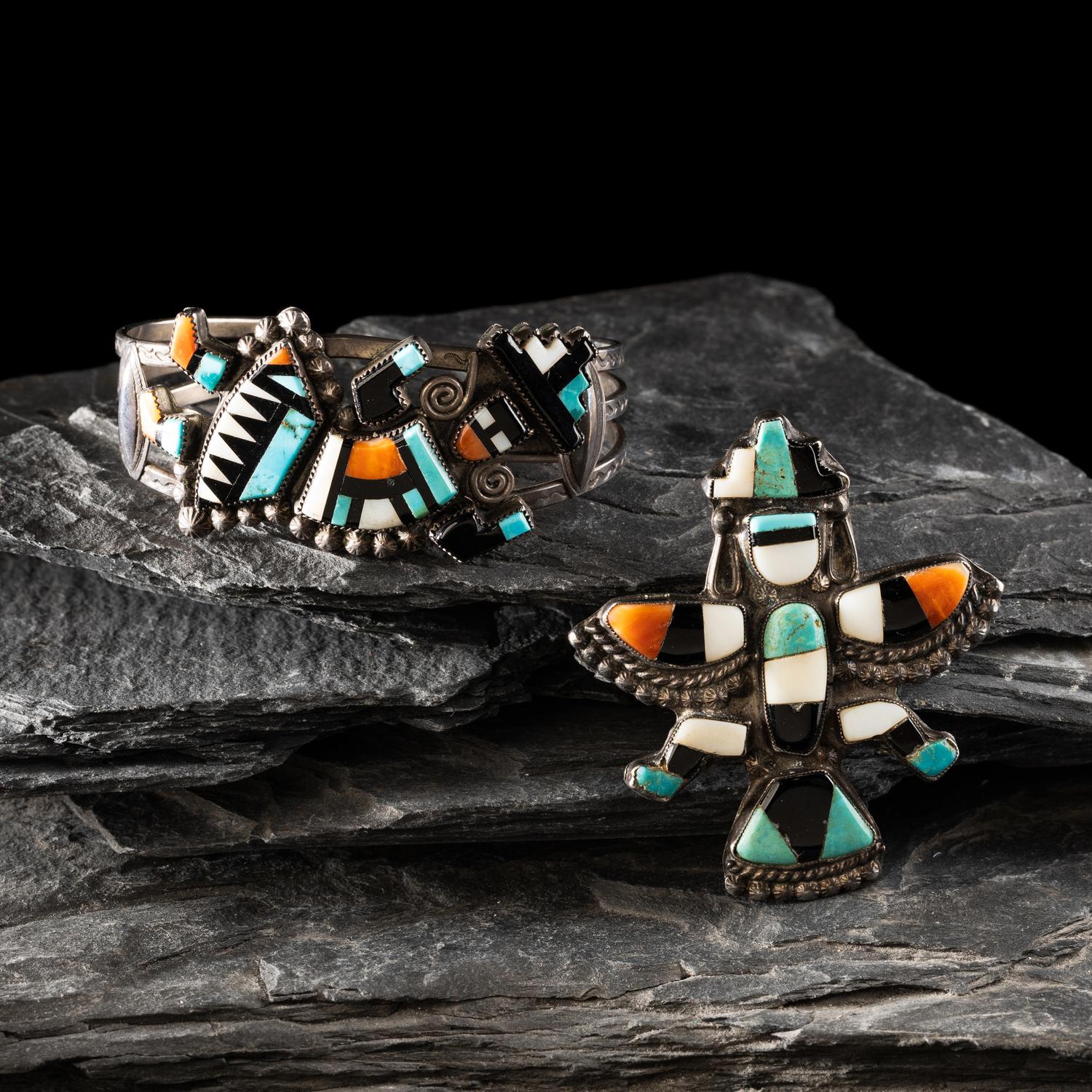 Zuni Mosaic Inlay Pin and Cuff Bracelet