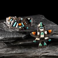 Zuni Mosaic Inlay Pin and Cuff Bracelet