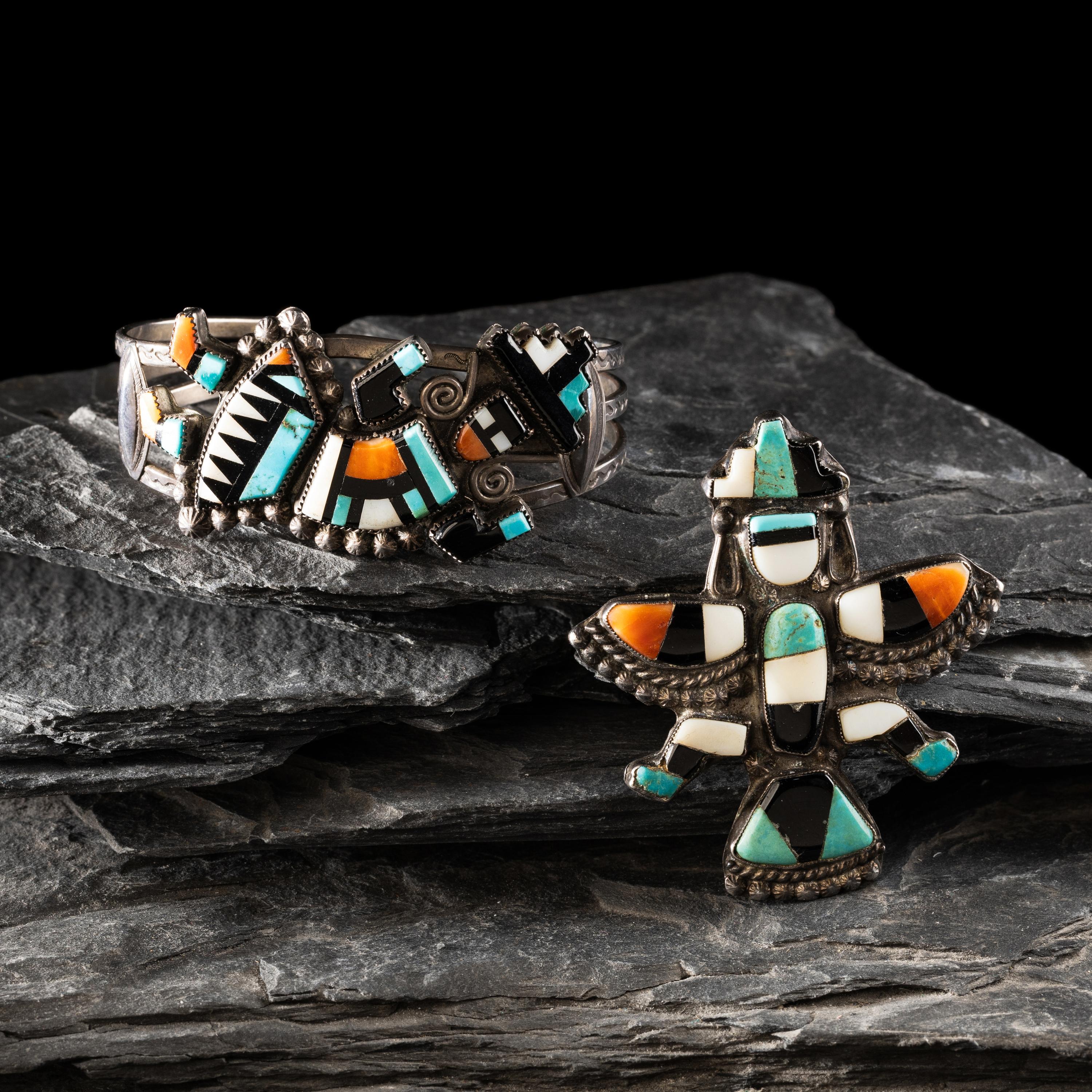Zuni Mosaic Inlay Pin and Cuff Bracelet