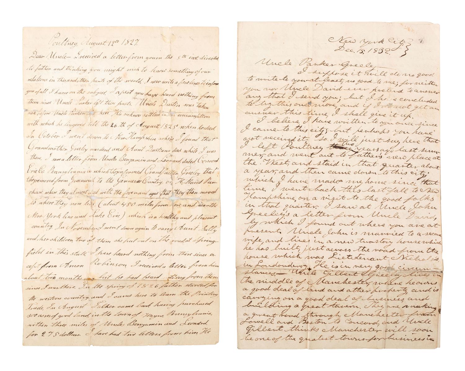 GREELEY, Horace (1811-1872). A group of 4 autograph letters signed from Horace Greeley to Parker Greeley, his uncle. Ca 1827-1841.