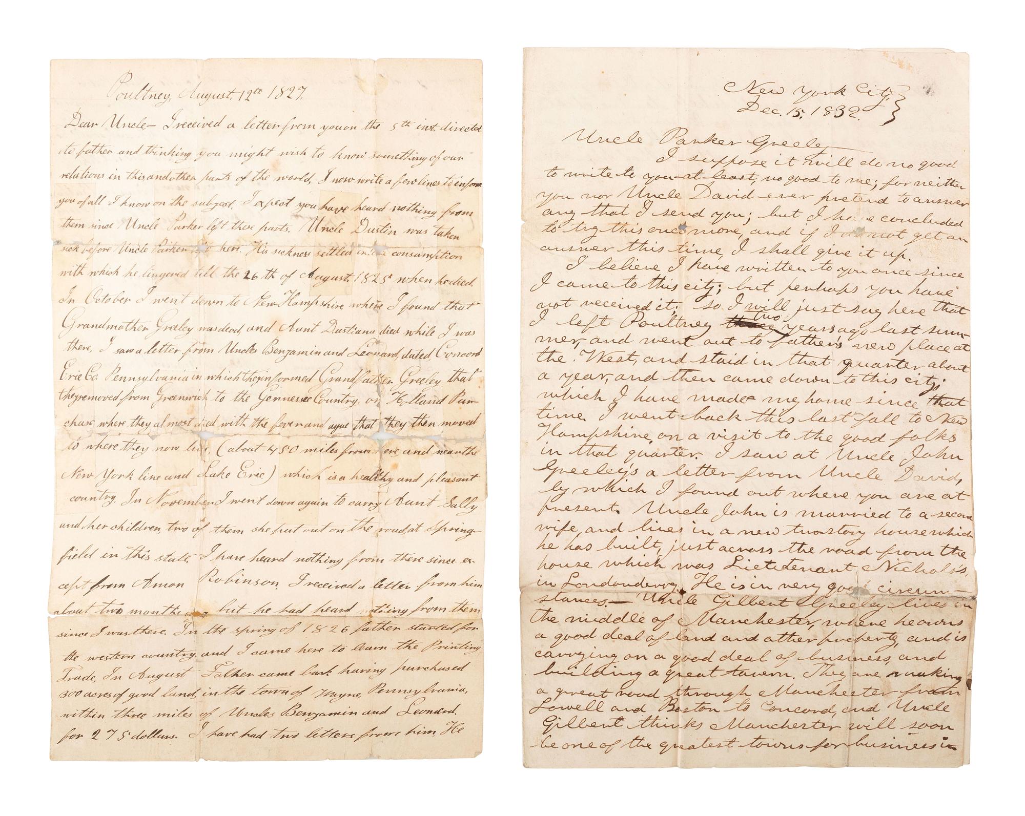 GREELEY, Horace (1811-1872). A group of 4 autograph letters signed from Horace Greeley to Parker Greeley, his uncle. Ca 1827-1841.