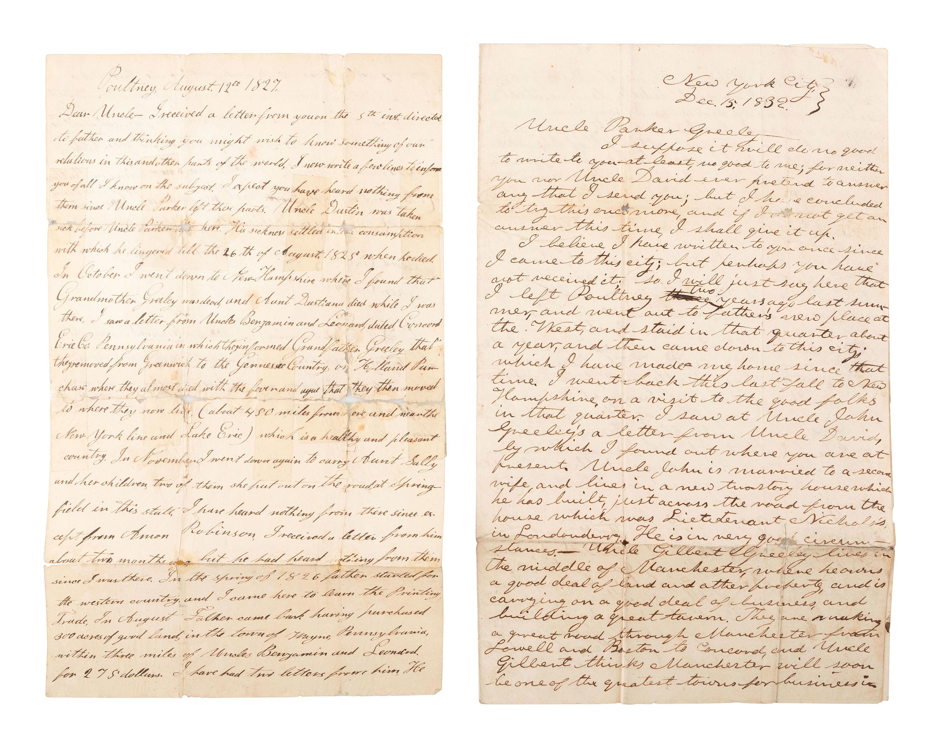 GREELEY, Horace (1811-1872). A group of 4 autograph letters signed from Horace Greeley to Parker Greeley, his uncle. Ca 1827-1841.