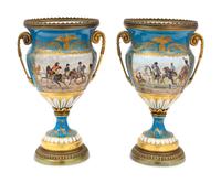 A Pair of Sevres Style Porcelain and Gilt-Bronze Mounted Napoleonic Urns