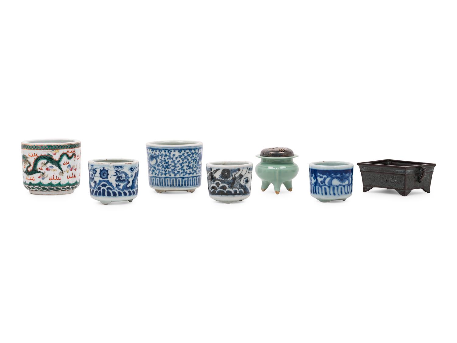 Five Chinese Porcelain Brushpots and Two Incense Burners