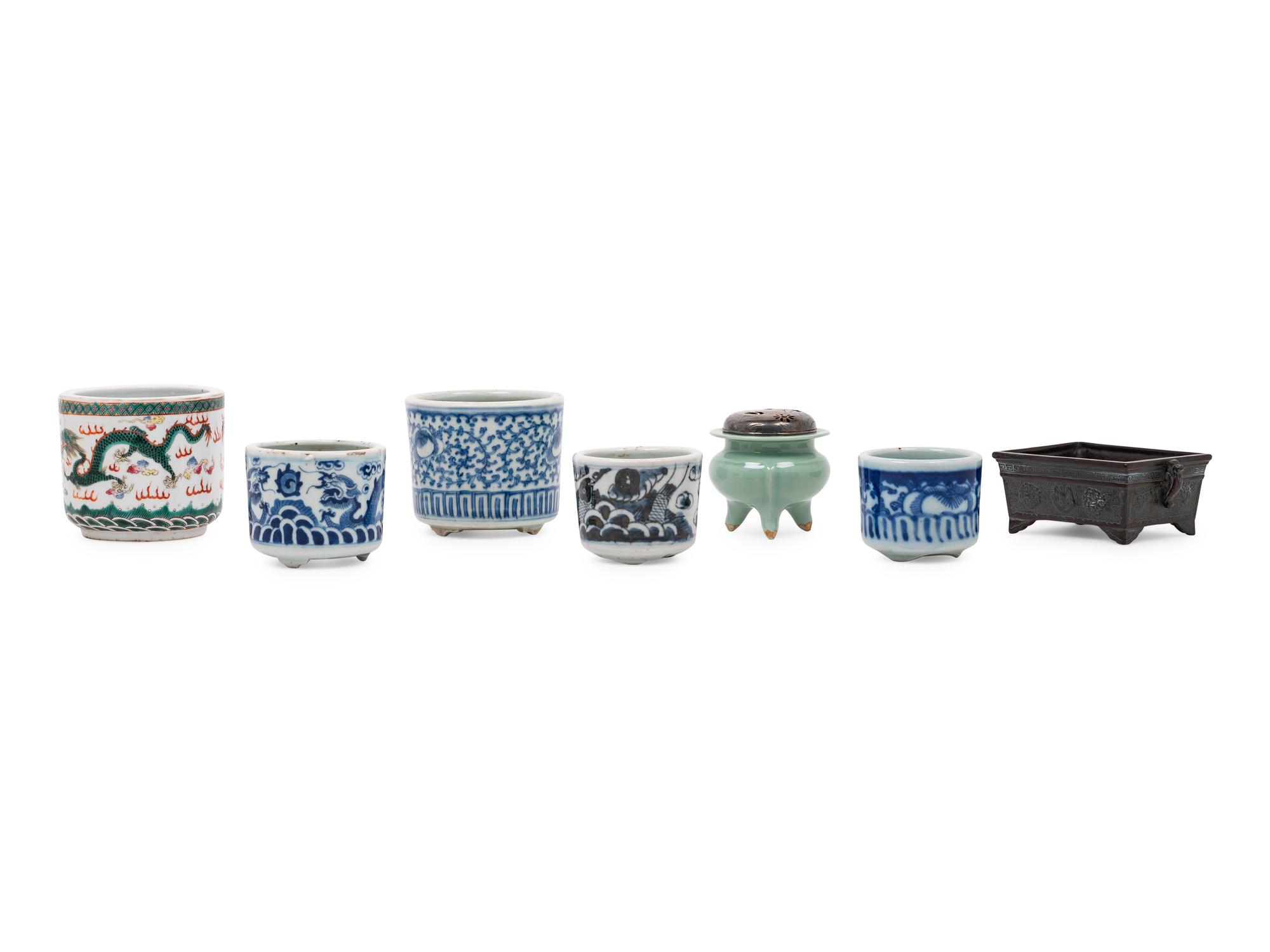 Five Chinese Porcelain Brushpots and Two Incense Burners