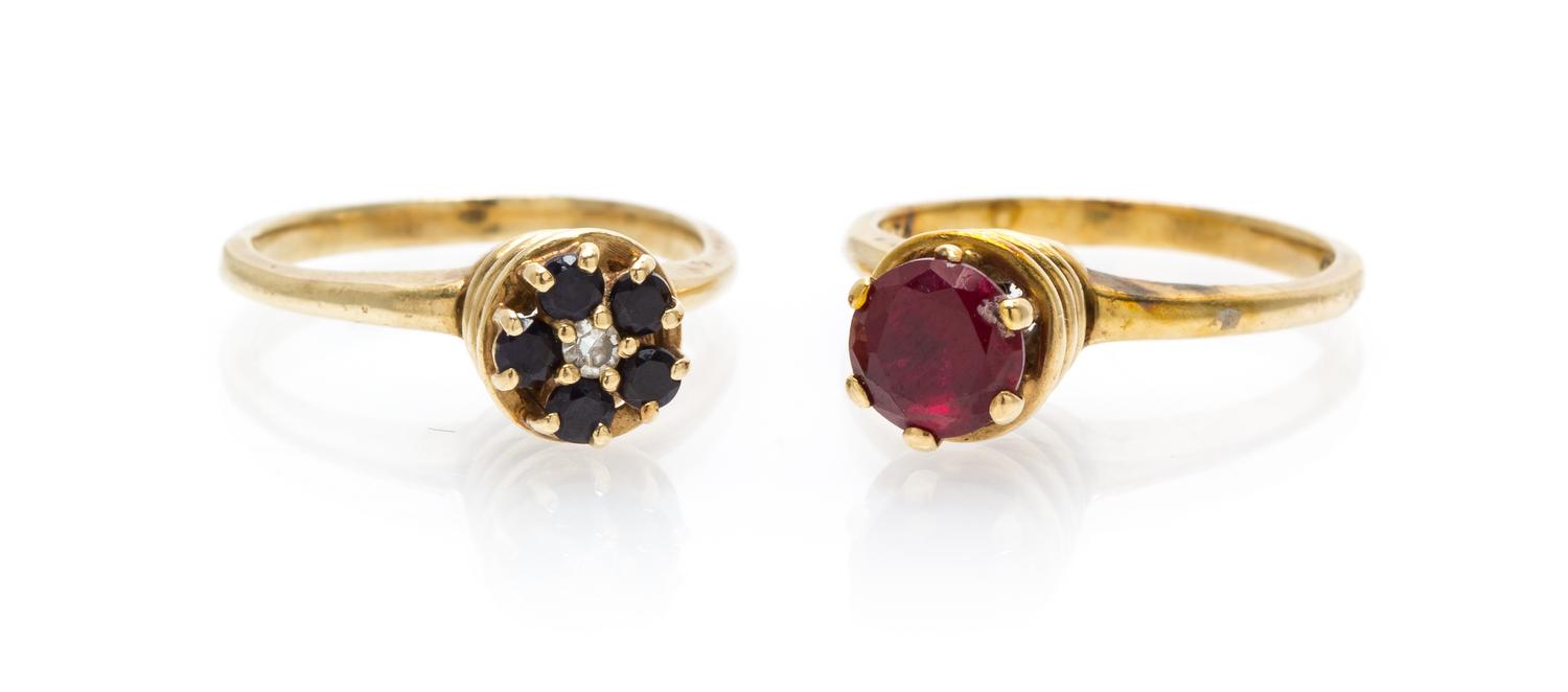 A Collection of 14 Karat Yellow Gold, Synthetic Ruby, Sapphire and Diamond Rings, 4.60 dwts.
