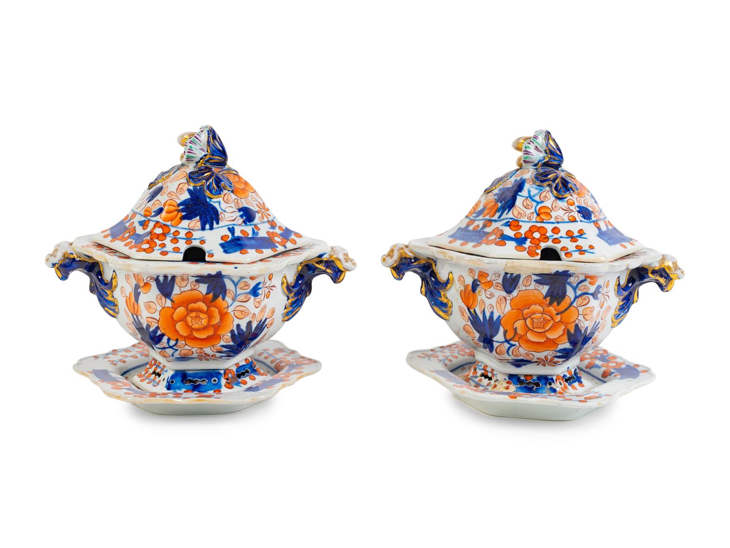 A Pair of Masons Ironstone Sauce Tureens with Underplates