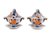 A Pair of Masons Ironstone Sauce Tureens with Underplates