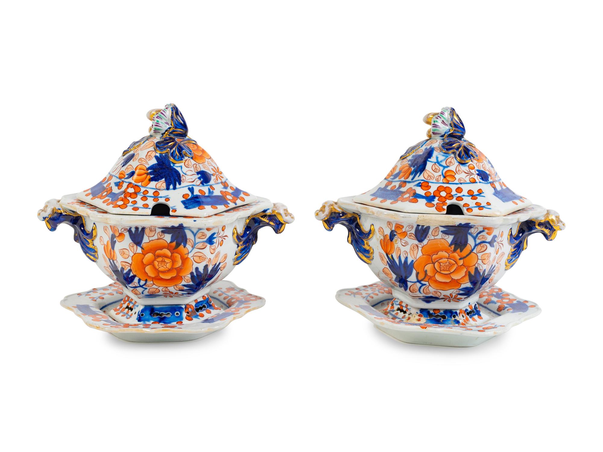 A Pair of Masons Ironstone Sauce Tureens with Underplates
