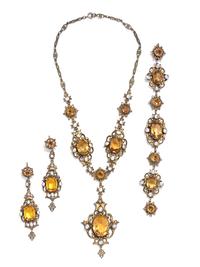 An Antique Gilt Silver, Citrine and Cultured Pearl Demi-Parure,