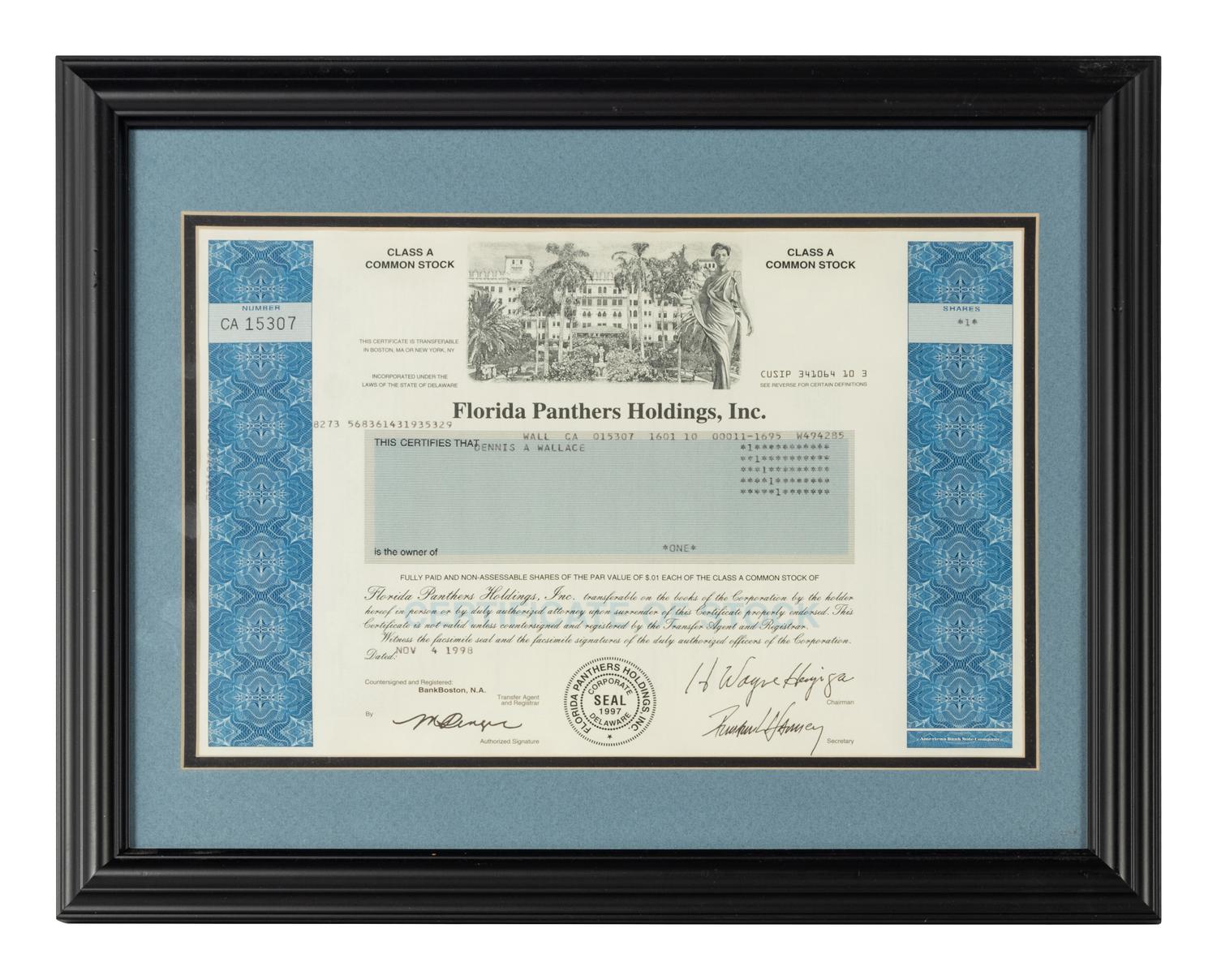 A Florida Panthers Stock Certificate,