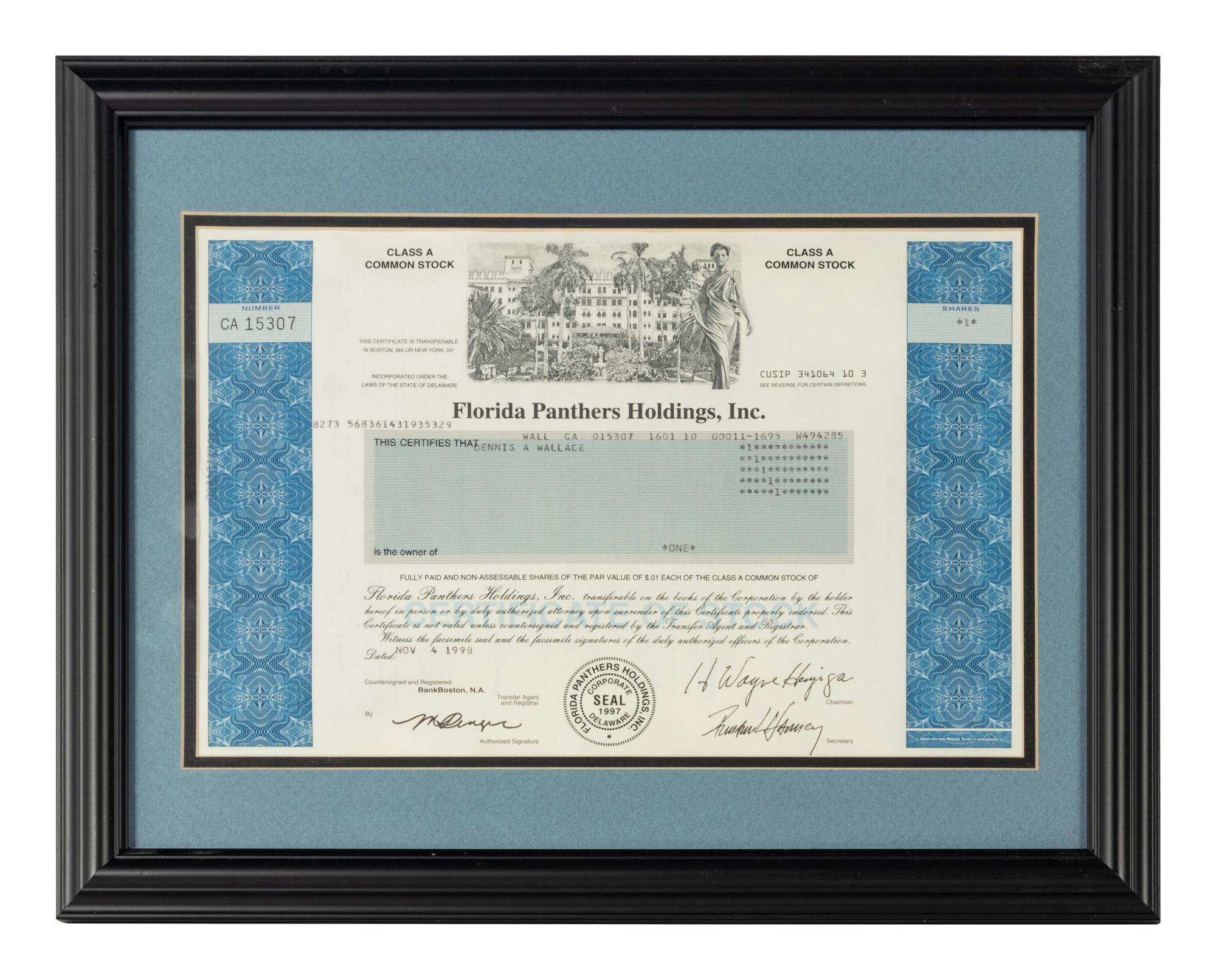 A Florida Panthers Stock Certificate,