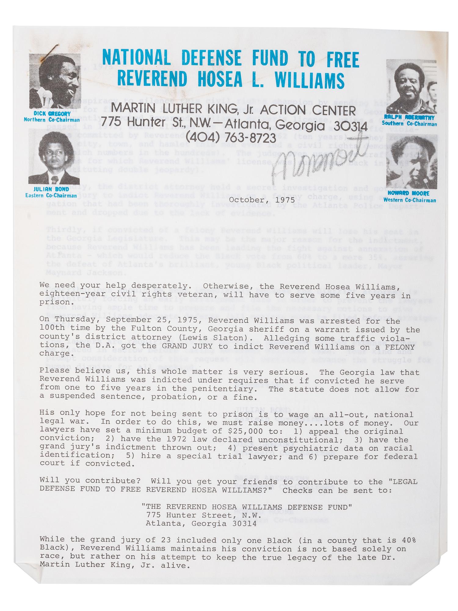 [CIVIL RIGHTS]. WILLIAMS, Hosea L. (1926-2000). Typed letter signed ("Hosea") to Lerone Bennett, Jr. (1928-2018) with fundraising appeal from the "National Defense Fund to Free Reverend Hosea L. Williams." Atlanta, Georgia, 1975.
