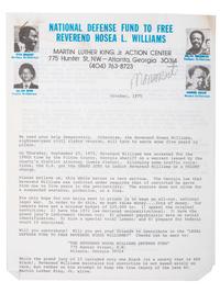 [CIVIL RIGHTS]. WILLIAMS, Hosea L. (1926-2000). Typed letter signed ("Hosea") to Lerone Bennett, Jr. (1928-2018) with fundraising appeal from the "National Defense Fund to Free Reverend Hosea L. Williams." Atlanta, Georgia, 1975.