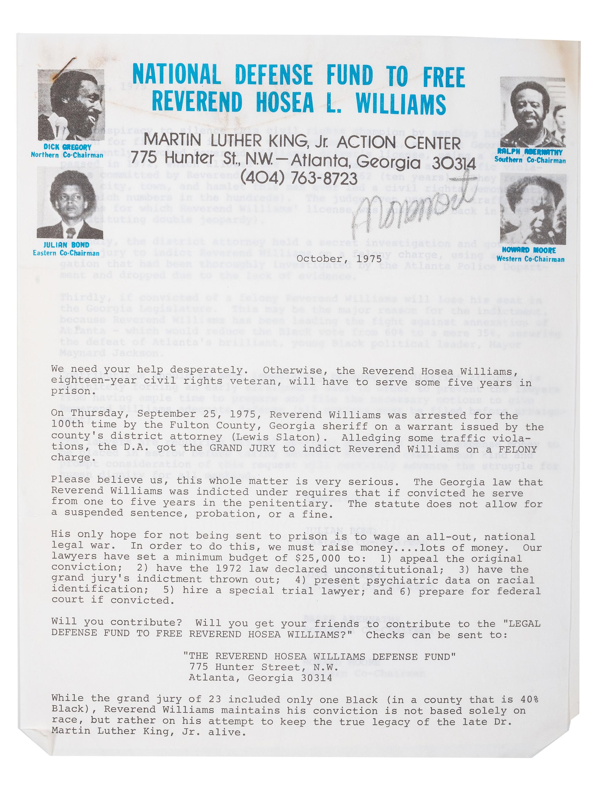 [CIVIL RIGHTS]. WILLIAMS, Hosea L. (1926-2000). Typed letter signed ("Hosea") to Lerone Bennett, Jr. (1928-2018) with fundraising appeal from the "National Defense Fund to Free Reverend Hosea L. Williams." Atlanta, Georgia, 1975.