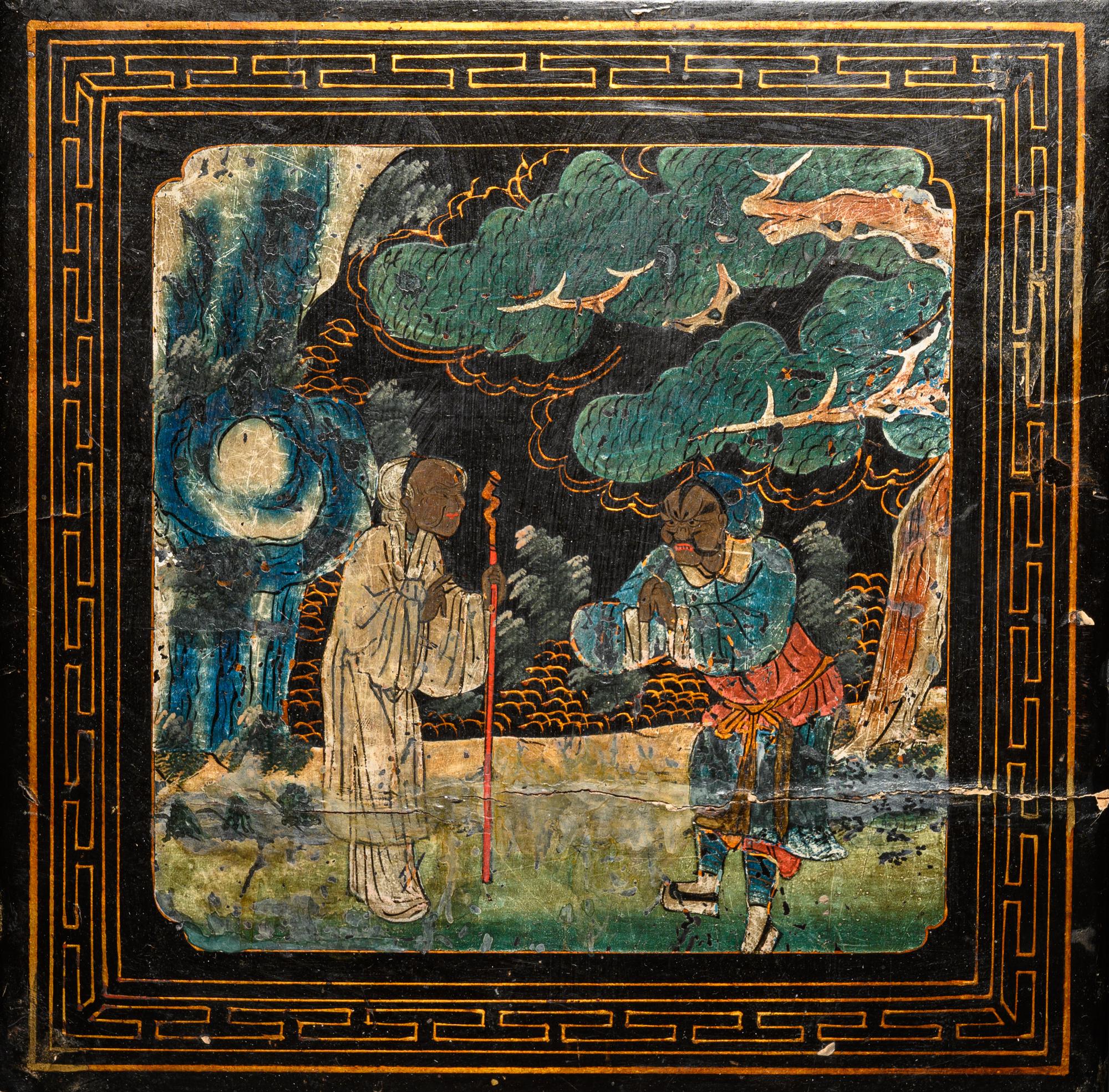 Two Gilt Decorated Black Lacquer Covered Boxes