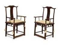 A Pair of Chinese Hardwood Ming Style Yok Back Armchairs