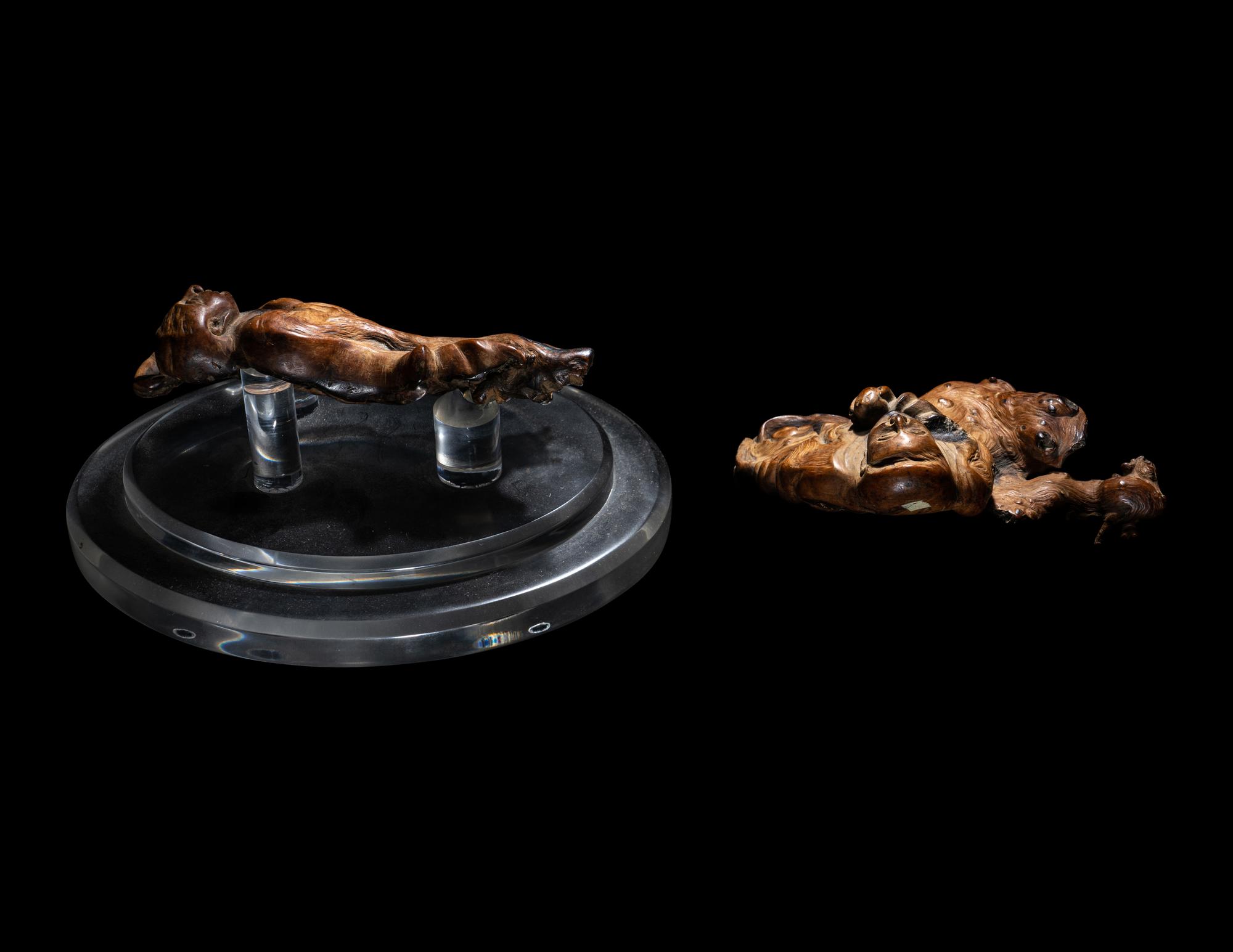 A Pair of Chinese Carved Root Wood Figures of Immortals, Hehe Exian