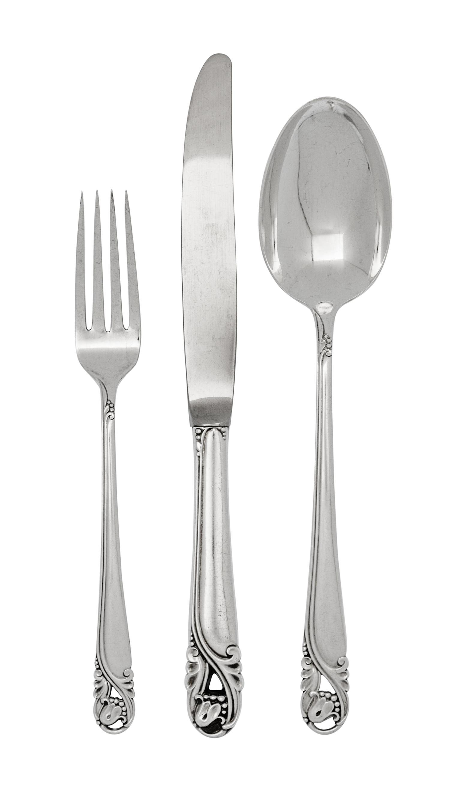 An American Silver Flatware Service, International Silver Co., Meriden, CT, Spring Glory pattern, comprising: 12 dinner forks 12 salad