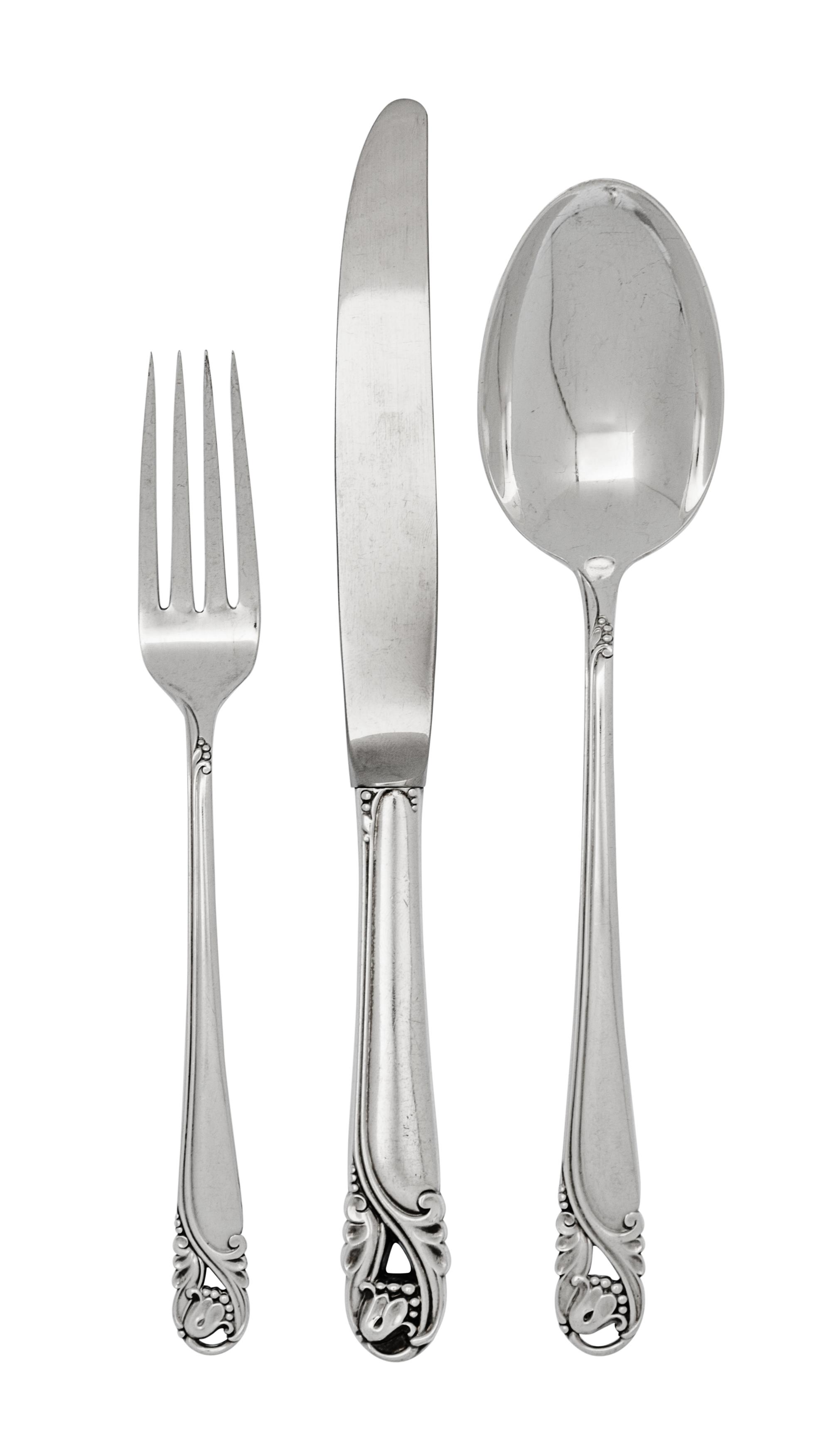 An American Silver Flatware Service, International Silver Co., Meriden, CT, Spring Glory pattern, comprising: 12 dinner forks 12 salad