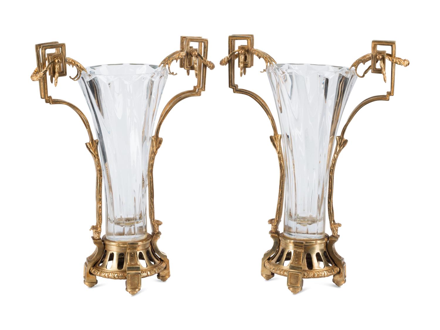 A Pair of Gilt Bronze Mounted Cut Glass Trumpet Vases