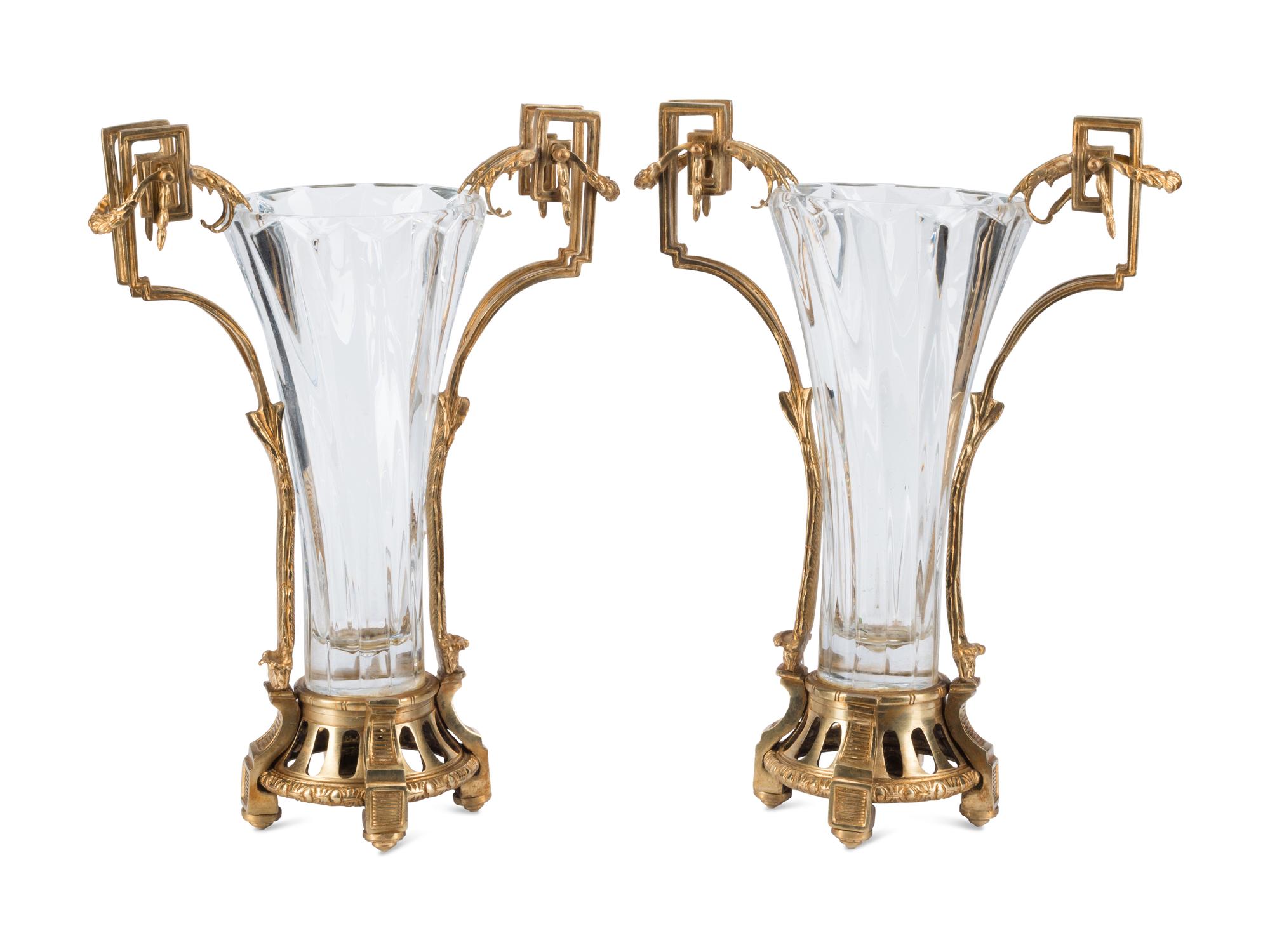 A Pair of Gilt Bronze Mounted Cut Glass Trumpet Vases