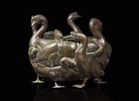 A large Japanese patinated bronze “Geese” jardinière, Meiji/Taisho period 銅加漆鵝形花盆 明治至大正