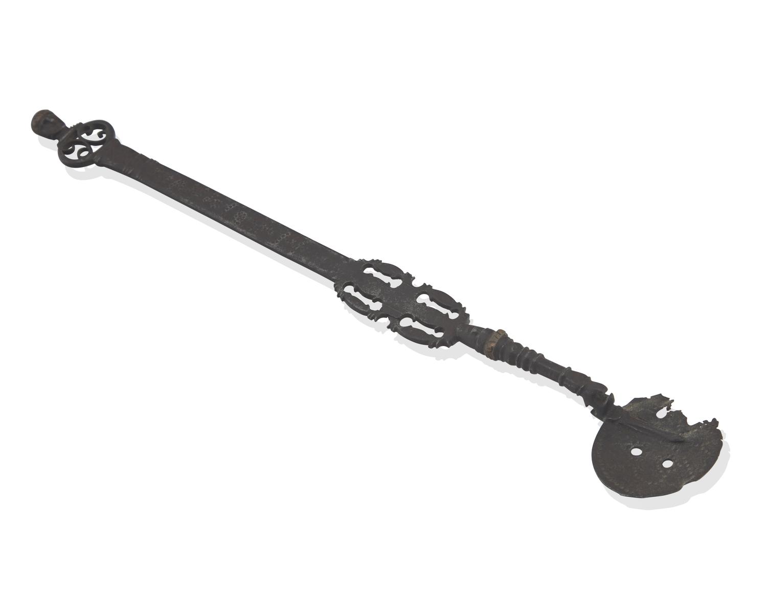 A Copper-Inlaid Wrought Iron Slotted Spoon with Human Head-Form Terminals, Possibly Spanish, 17th Century
