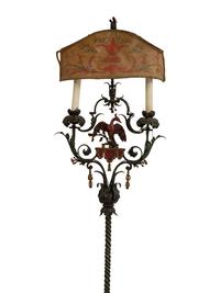 A Mizner Style Painted and Parcel Gilt Wrought Iron Four-Light Torchère with Polychromed Leather Shade
