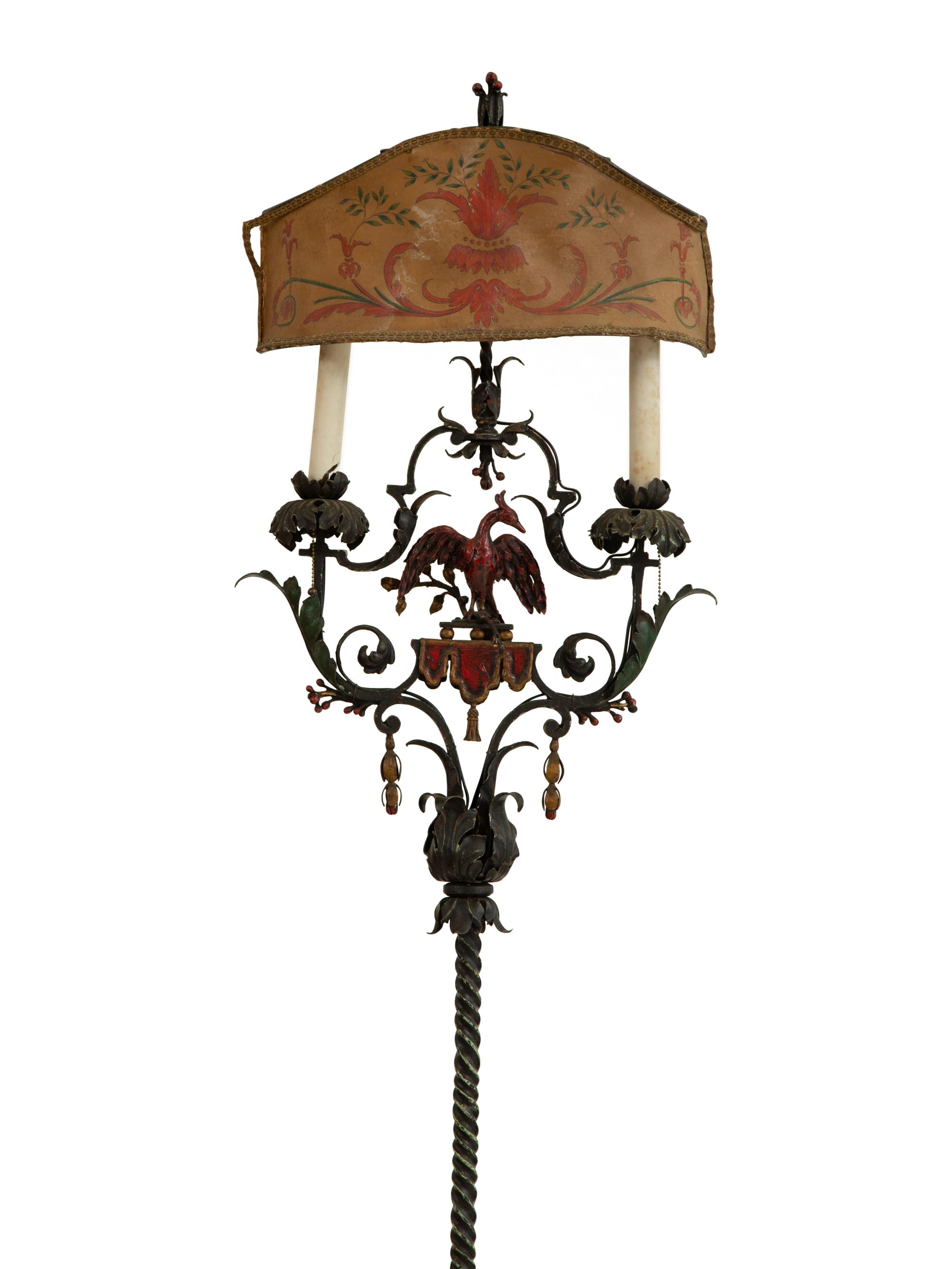 A Mizner Style Painted and Parcel Gilt Wrought Iron Four-Light Torchère with Polychromed Leather Shade