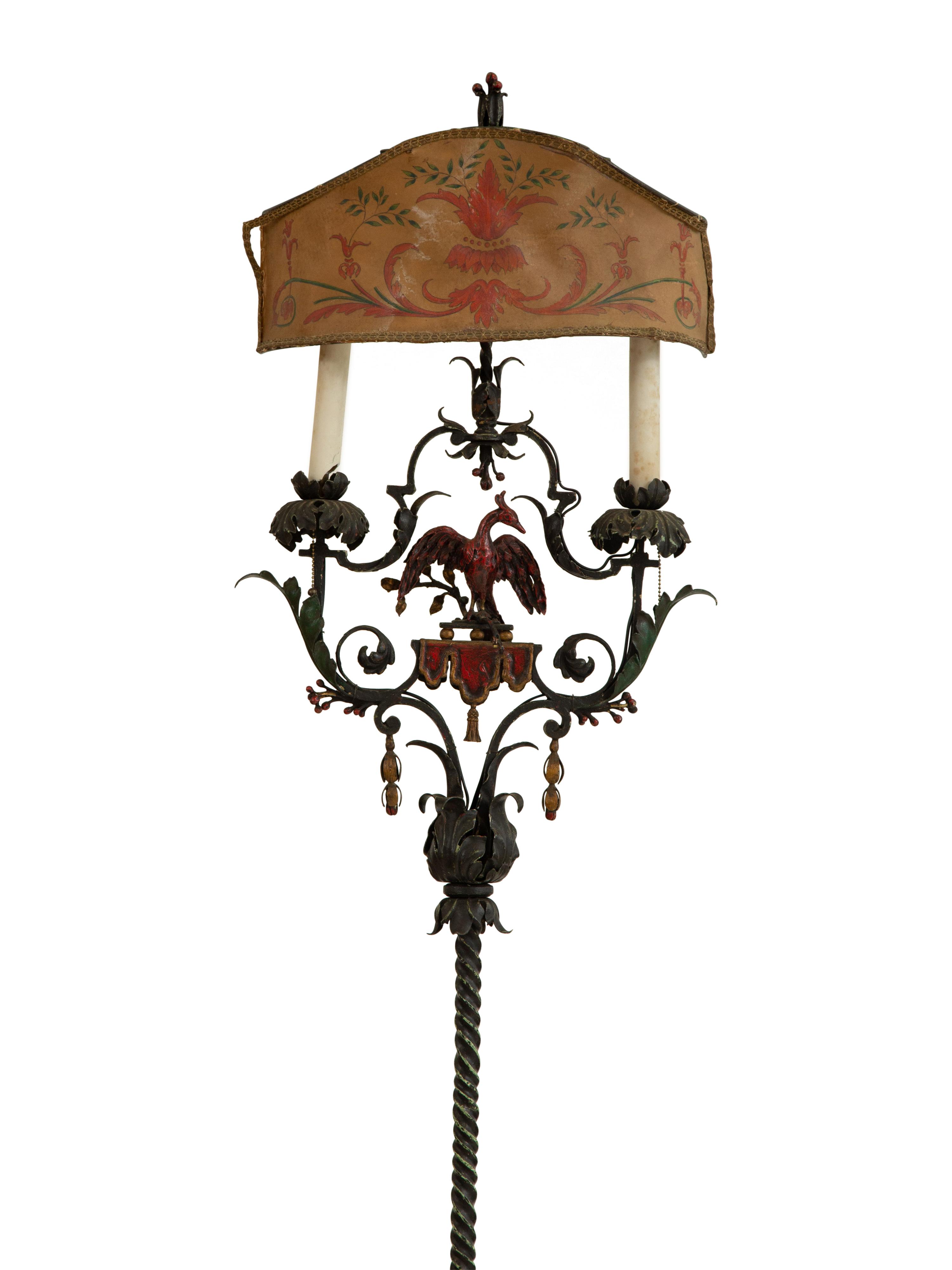 A Mizner Style Painted and Parcel Gilt Wrought Iron Four-Light Torchère with Polychromed Leather Shade