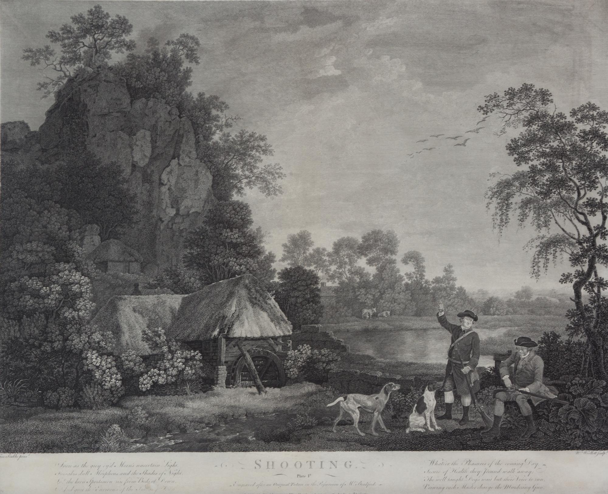 George STUBBS, after - William WOOLLETT, engraver Image 15 1/4 x 20 1/2 inches. — Shooting, Plate I-IV