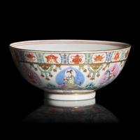 A Chinese Famille Rose Porcelain Bowl with 'Baragon Tumed' Marks in Mongolian Script, Daoguang Period — 清道光 粉彩七政寳紋碗 礬紅蒙文款