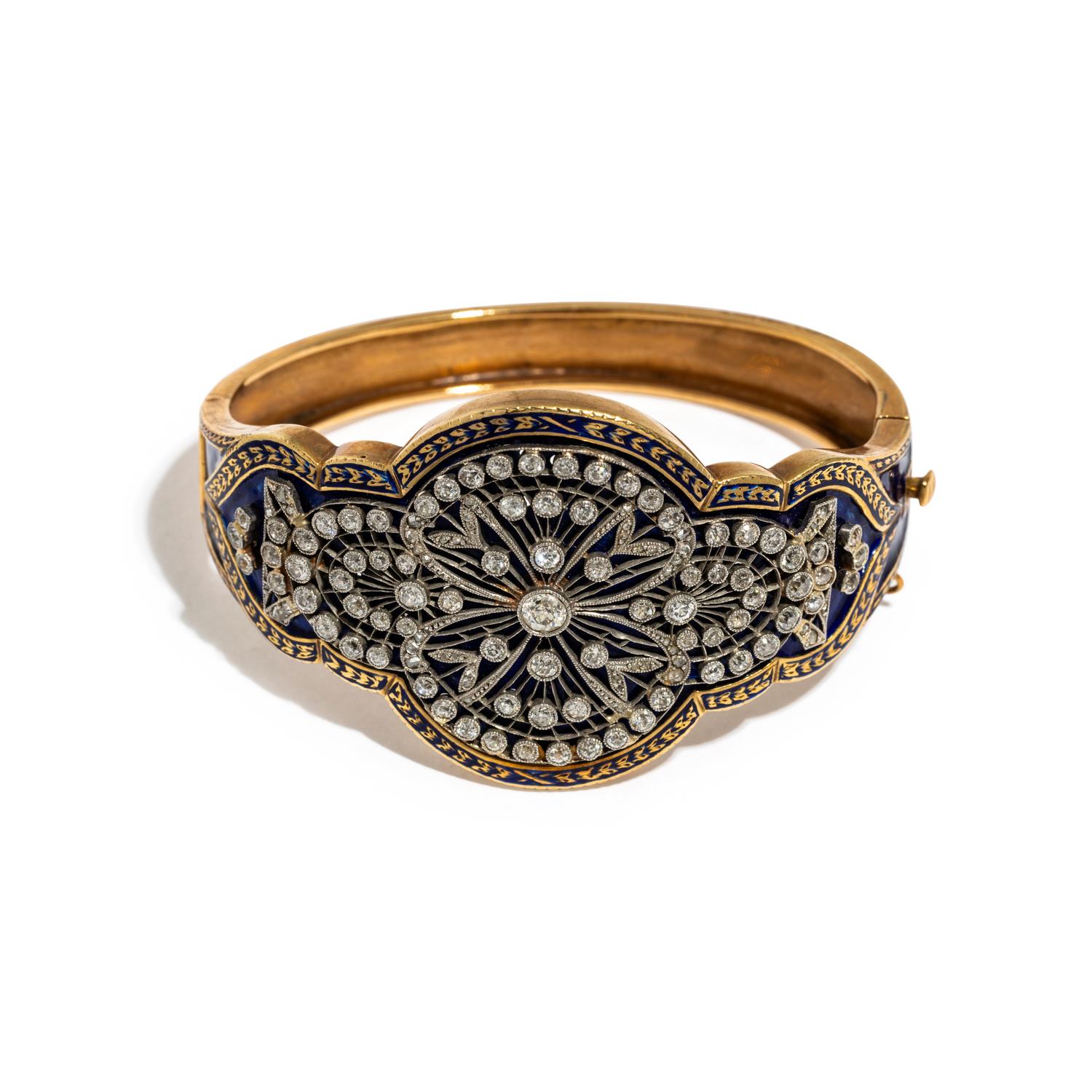 ANTIQUE, ENAMEL AND DIAMOND BANGLE AND CLOAK CLASP