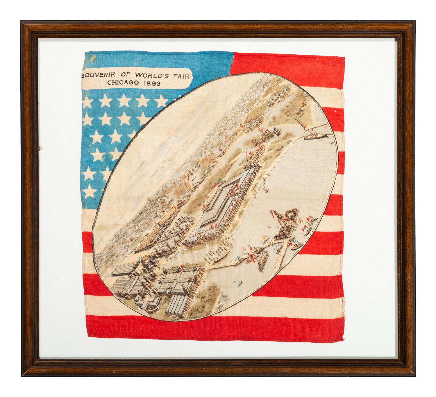 [FAIRS & EXPOS]. A group of 2 items involving Chicago World's Fairs, incl. 1893 souvenir textile and 1934 panoramic photograph.
