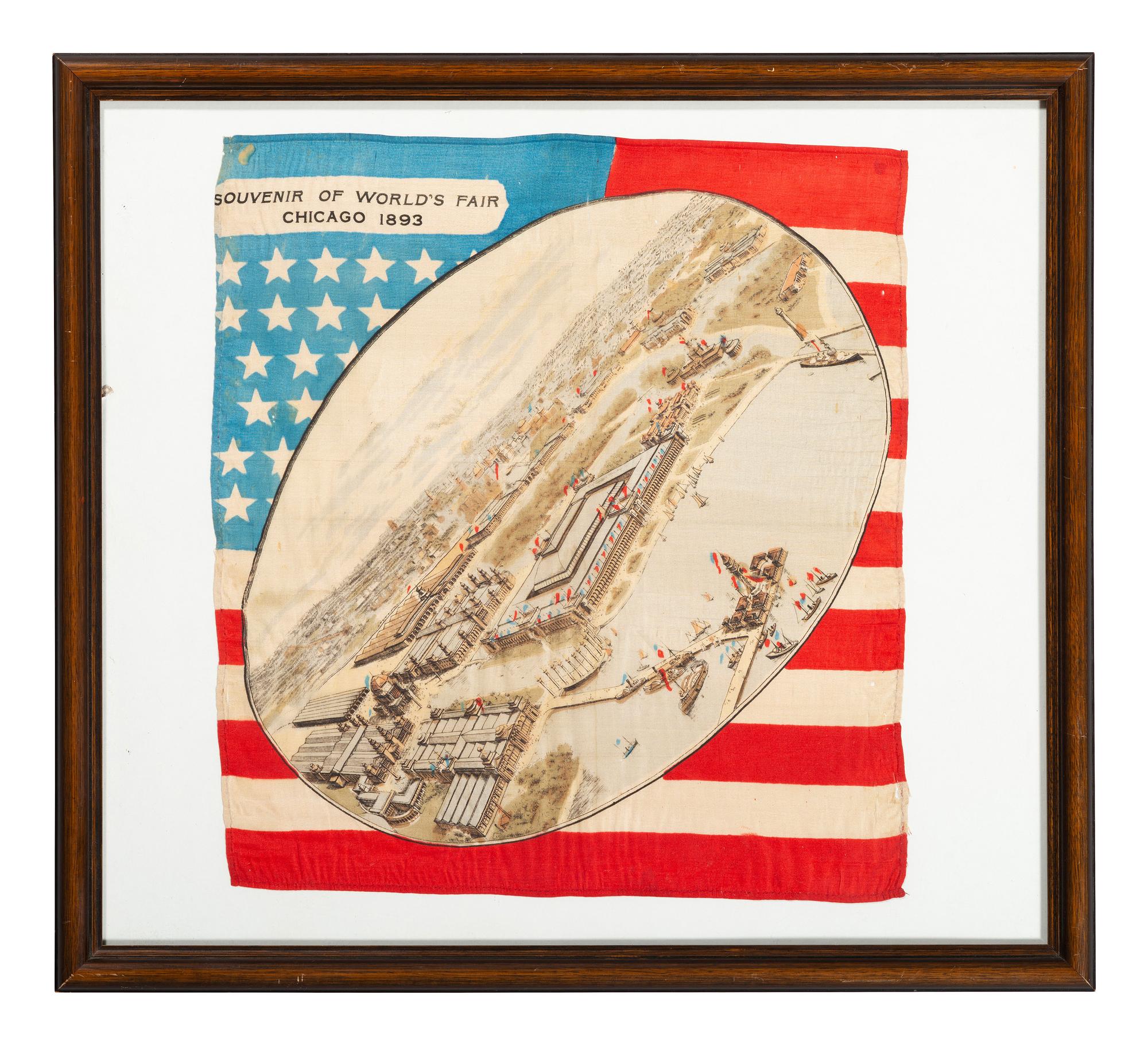 [FAIRS & EXPOS]. A group of 2 items involving Chicago World's Fairs, incl. 1893 souvenir textile and 1934 panoramic photograph.