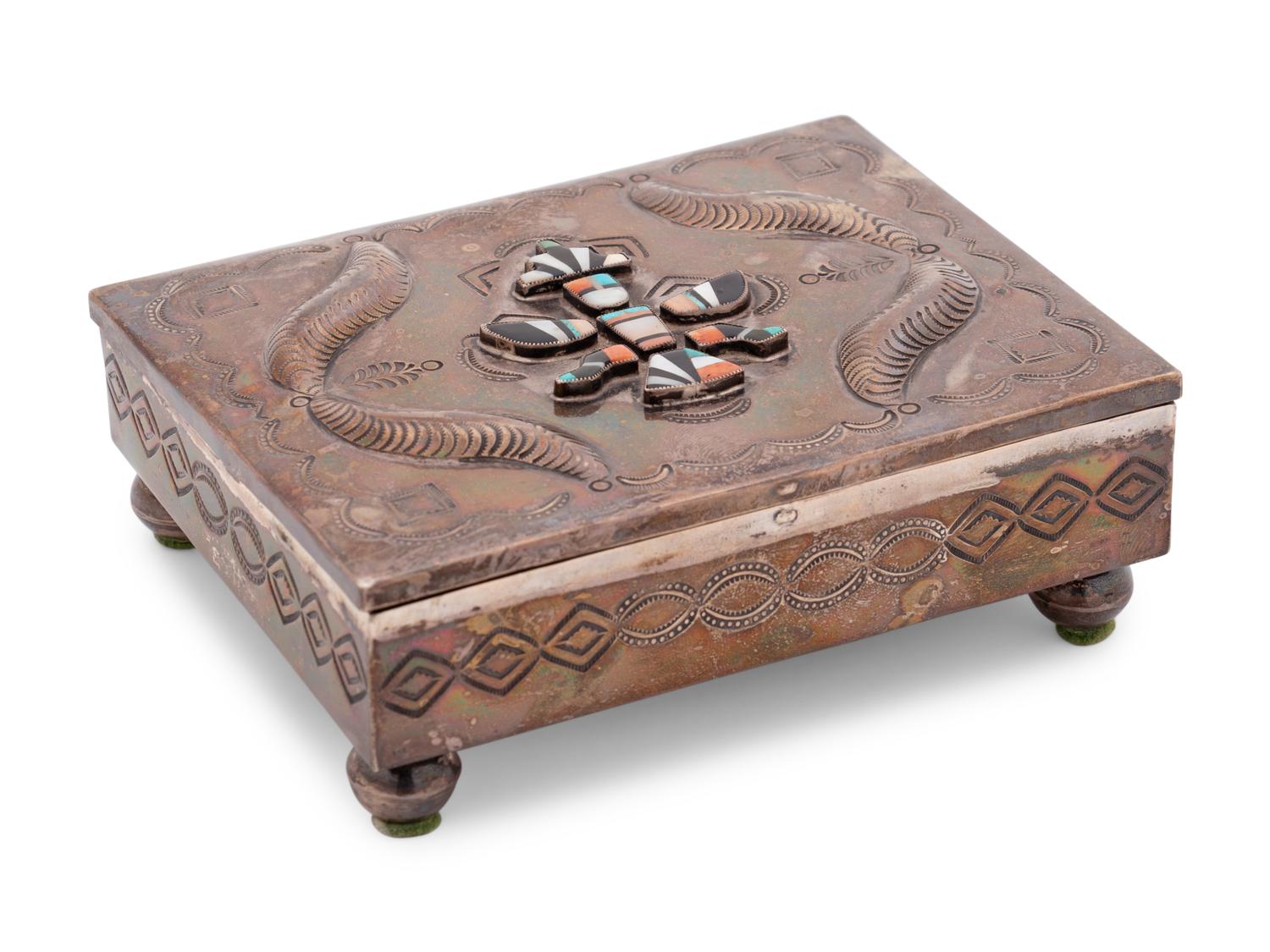 Navajo Stamped Silver Box, with Zuni Mosaic Inlaid Knifewing