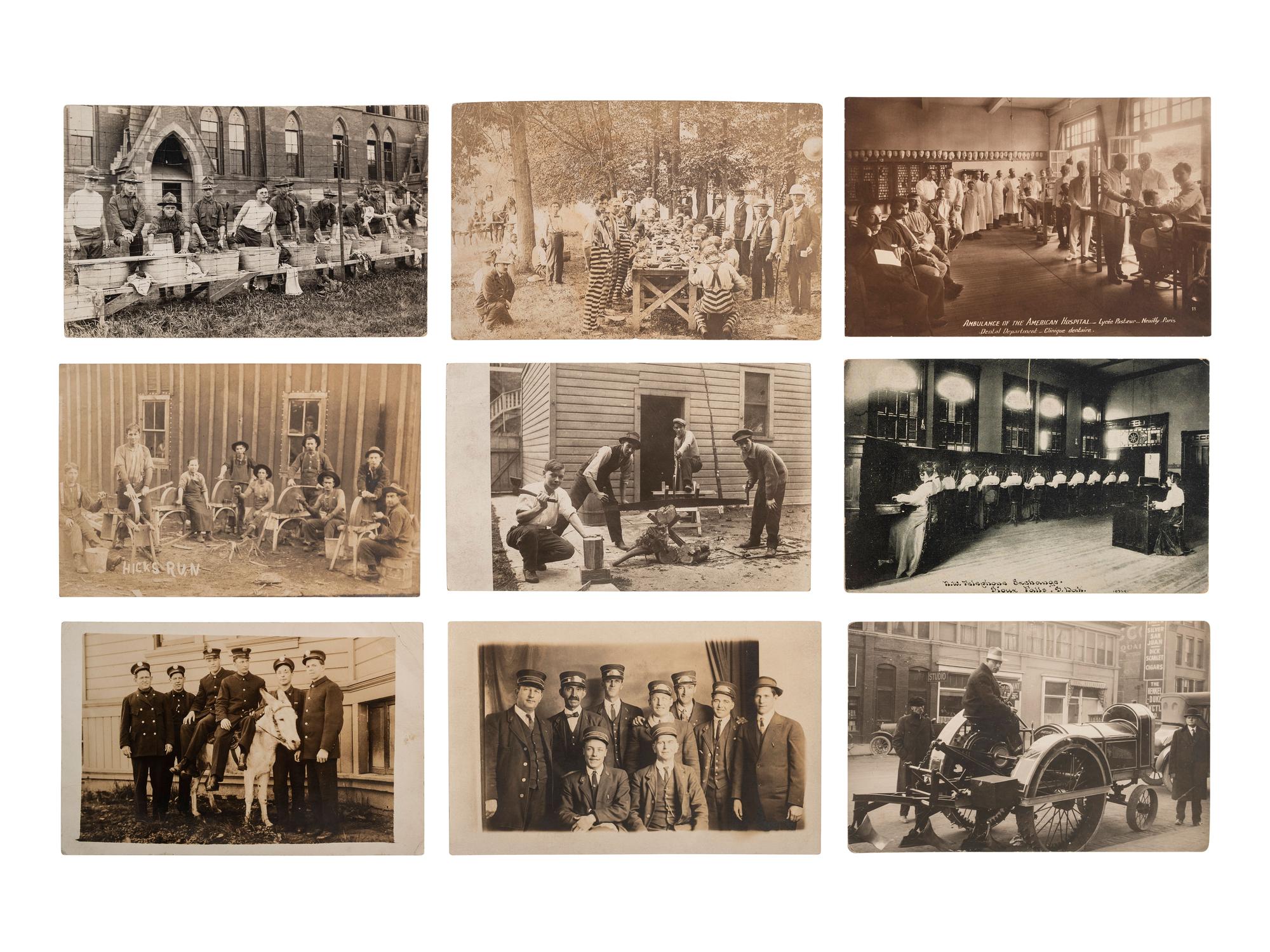 [EARLY PHOTOGRAPHY]. A group of 34 occupational real photo postcards, incl. artists, lecturers, lumberjacks, farmers, female telephone operators, factory workers, and other laborers.