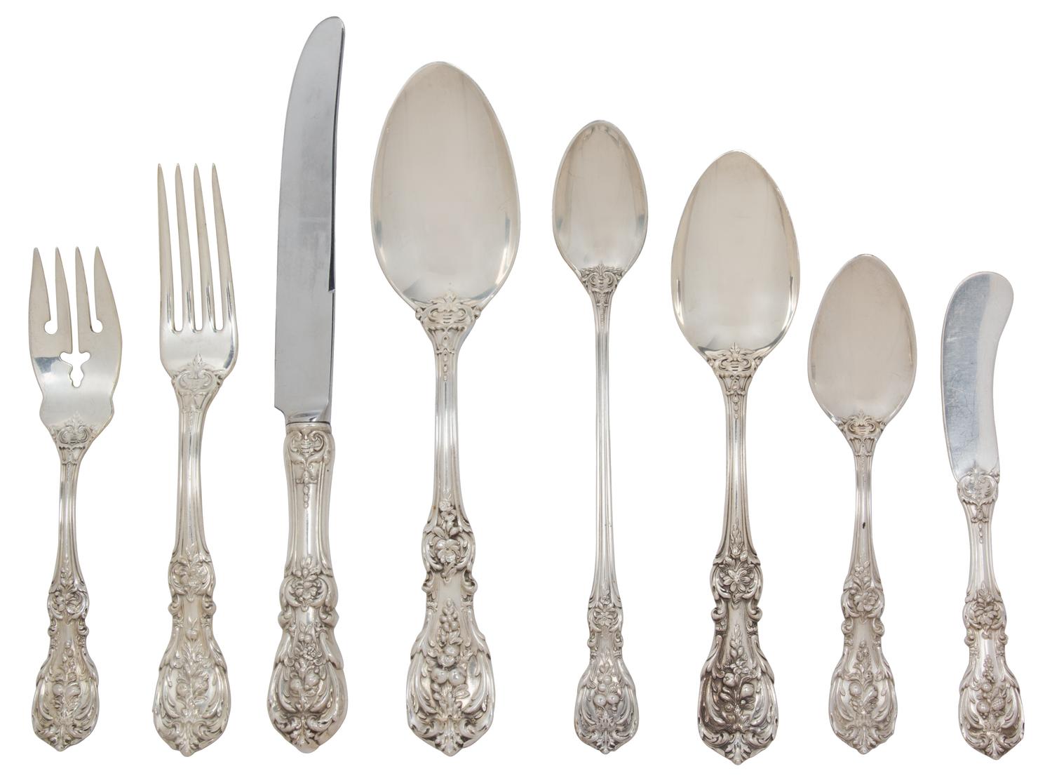 An American Silver Flatware Service, Reed & Barton, Taunton, MA, Francis I pattern, comprising: 12 dinner knives 12 dinner forks 12 sal