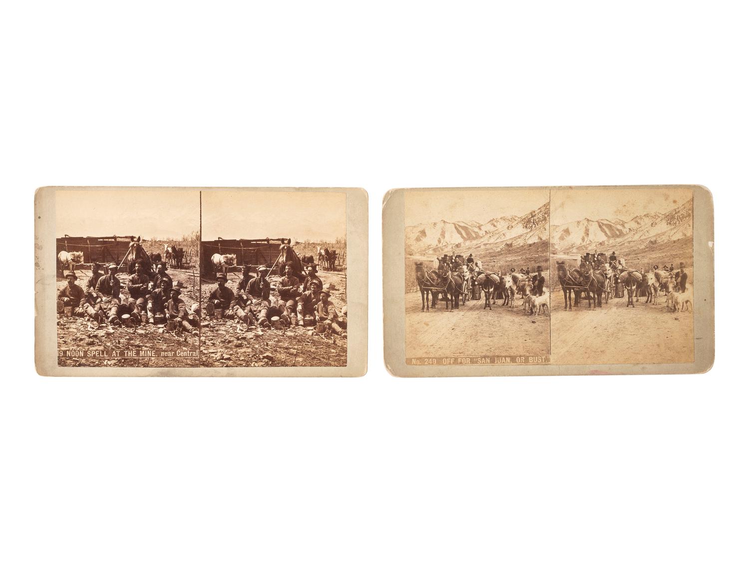 [WESTERN AMERICANA]. WEITFLE, Charles (1836-1921), photographer. A group of 7 stereoviews of Colorado, incl. a group of miners and adventurers traveling by horse-drawn wagon.