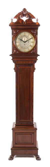 An American Mahogany No. 21 Regulator Tall Case Clock, Seth Thomas, Height overall 93 1/2 inches.