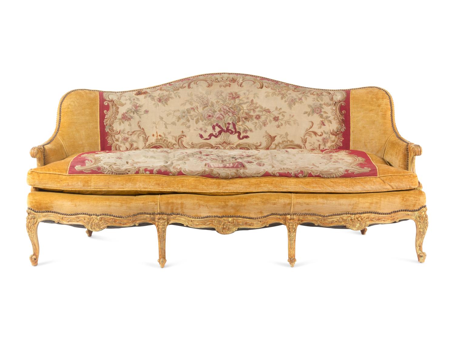 A Louis XV Painted Sofa with Aubusson Tapestry Upholstery
