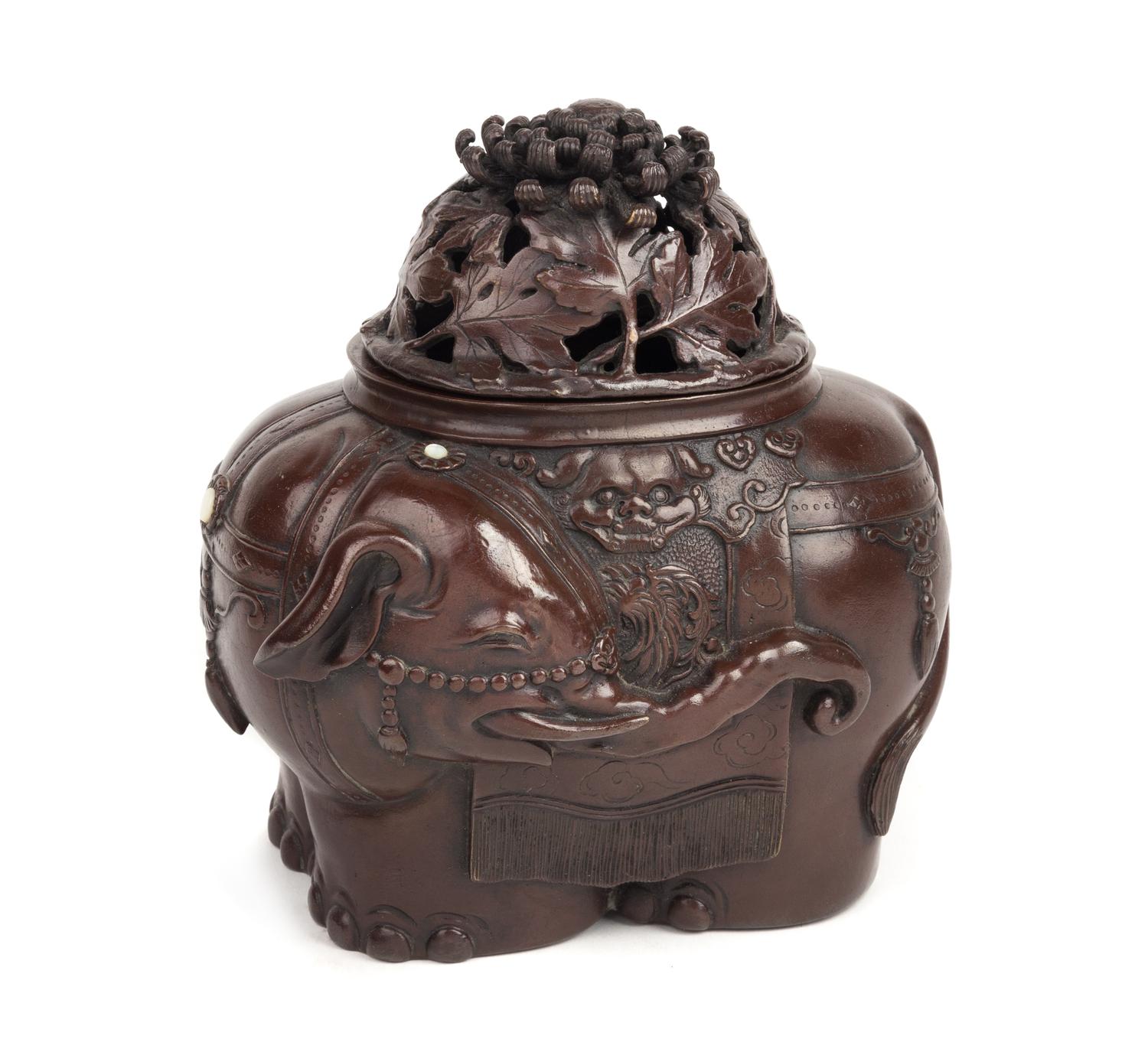 A Japanese Bronze Elephant-Form Incense Burner Height 7 1/4 inches. — 19TH CENTURY