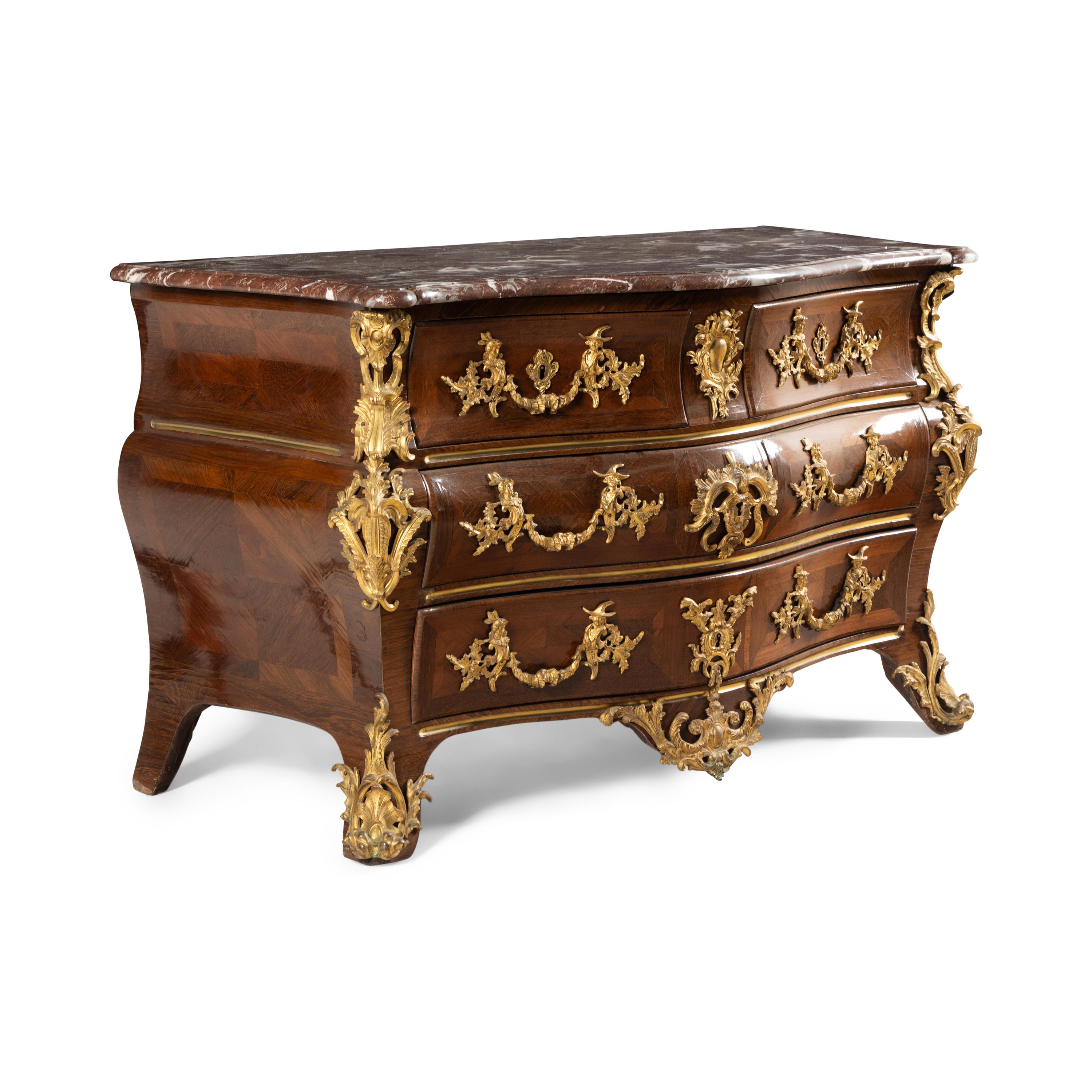 A Louis XV Kingwood Parquetry and Gilt Bronze Mounted Marble-Top Commode