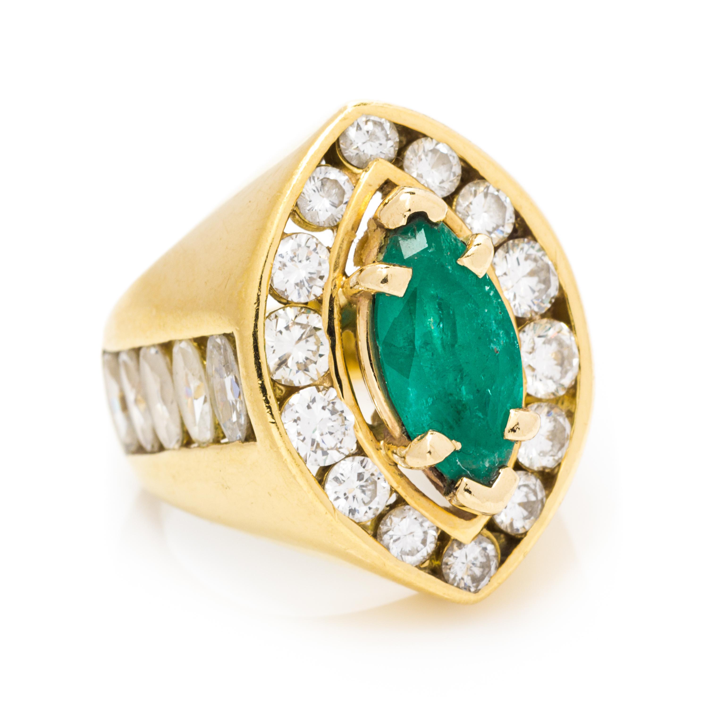 An 18 Karat Yellow Gold, Emerald and Diamond Ring, 11.30 dwts.
