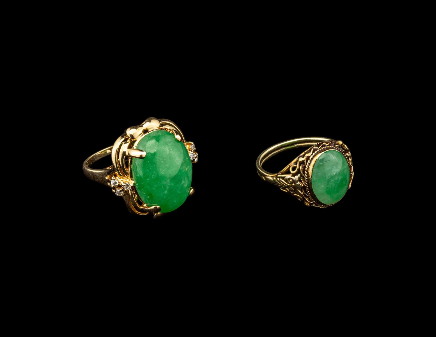 Two Chinese Apple Green Jadeite Inset Gold Mounted Rings