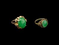 Two Chinese Apple Green Jadeite Inset Gold Mounted Rings