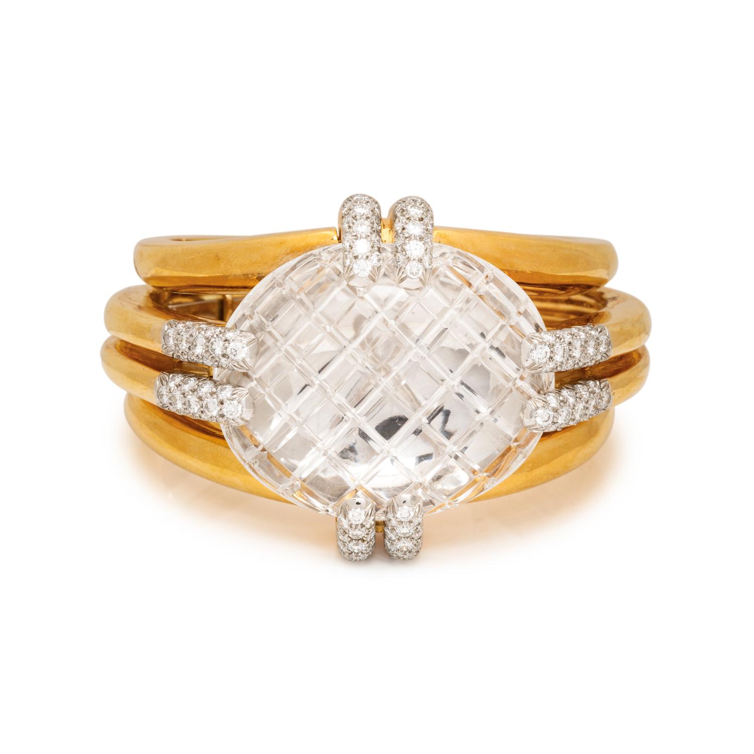 DAVID WEBB, CARVED ROCK CRYSTAL AND DIAMOND CUFF BRACELET